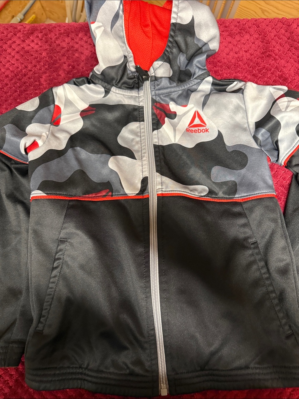 Reebok Kids' Black, Gray & Red Camo Hooded Jacket